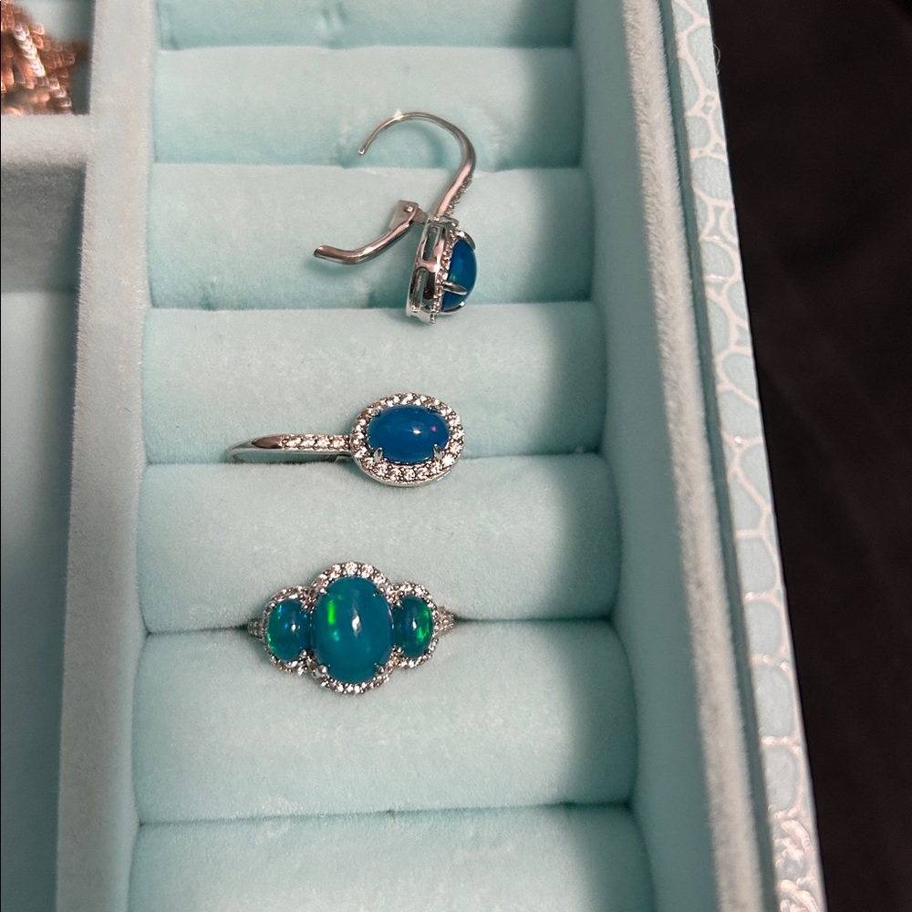 colleen, Lopez, blue opal sterling silver diamond ring with matching earrings
